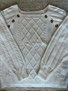 White Cable-Knit Button Shoulder Sweater - Women